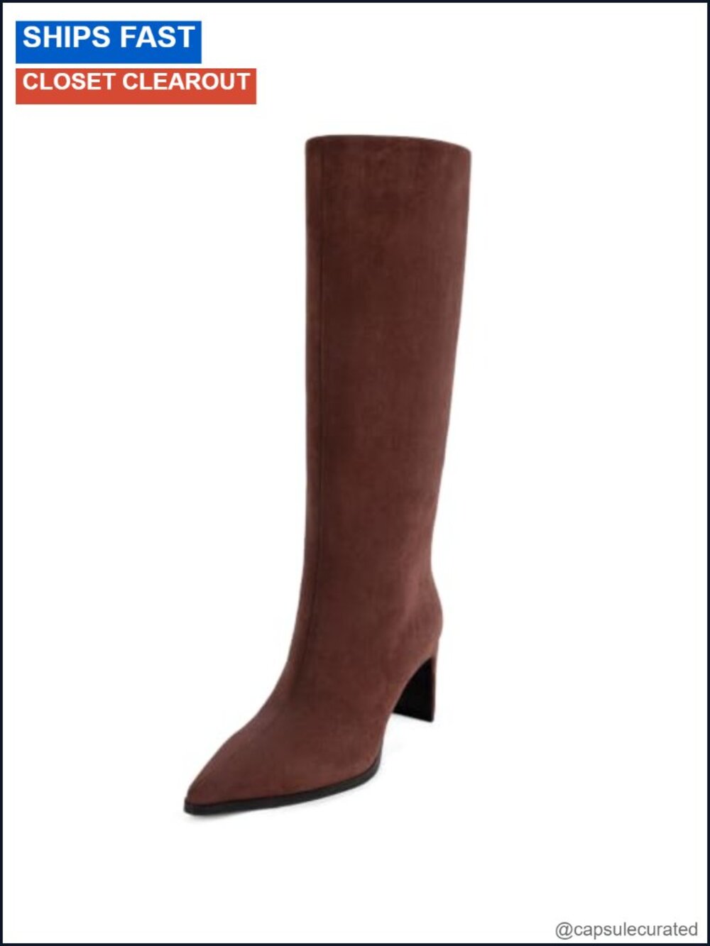 Women's Knee High Block Heel Boots Pointed Toe Faux Suede Zip